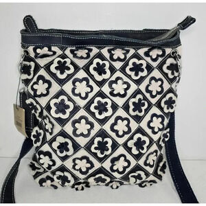H2Z Leather 3D Floral Navy/Lt. Gray Crossbody Purse Boho Hippie Retro UPCYCLED